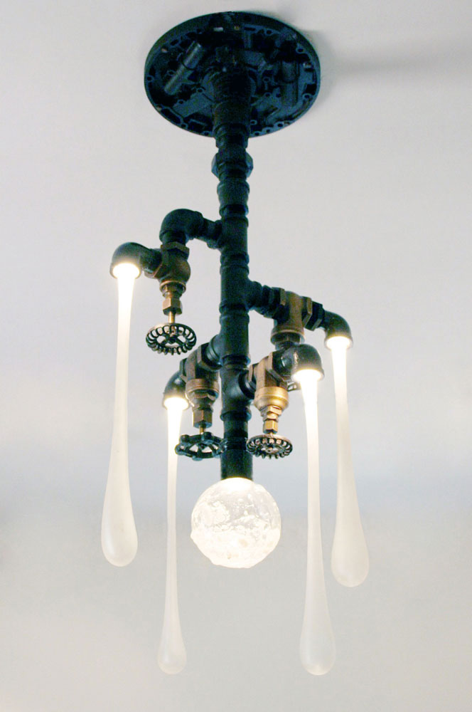 Original liquid light custom blown glass and pipe chandelier