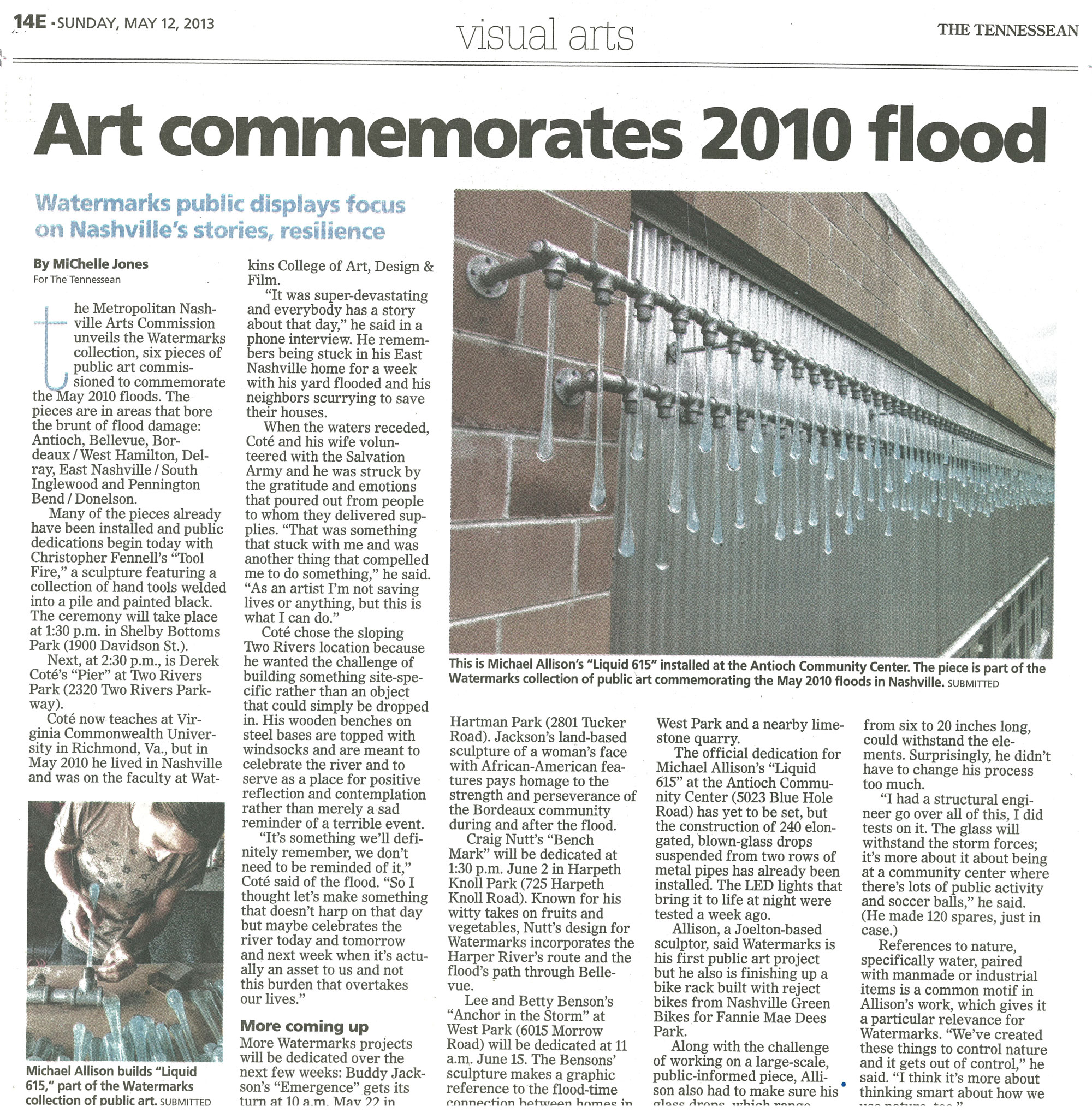 Michael Allison's original liquid light fluid glass art featured in The Tennessean print edition, May 12, 2013